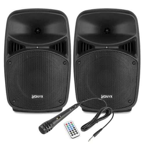 Vonyx VPS082A 8-Inch Active Bluetooth PA Speakers Set - 400W Active/Passive DJ Speakers Kit with Wired Microphone RCA Input MP3 Player & Easy Controls for Home Parties Small Venues & Beginner DJs