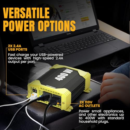 KRIËGER 400W Car Power Inverter 12V DC to 110V AC, Modified Sine Wave, 2 AC Outlets, 2 USB Ports, Cigarette Lighter Plug & Battery Clamps for Laptop, Camping, Truck, RV, ETL Certified by K KRIËGER - Image 3