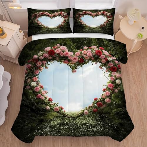 3D Illusion Heart Comforter Set King Size Grassland Bedding for Girls Princess Teen Women Couple Bedroom Decor Quilt Bed Sets, 1 Comforter 2 Pillowcas