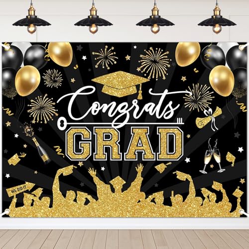 Avezano Graduation Backdrop Congrats Grad Graduation Party Decorations Class of 2026 Photoshoot Background Congratulate Grad Celebration Prom Party Banner Props (Gold, 8x6ft) by Avezano - Used condition - US$7.19