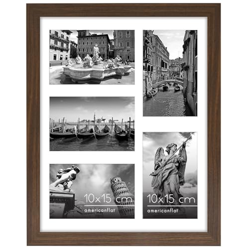 Americanflat Collage Marcos de Fotos 28x36cm - Apertura Frontal 5 Piezas de 10x15cm de MDF Nogal con Vidrio Resistente, Juego de Marcos de Pared - Hogar, Oficina, Galería