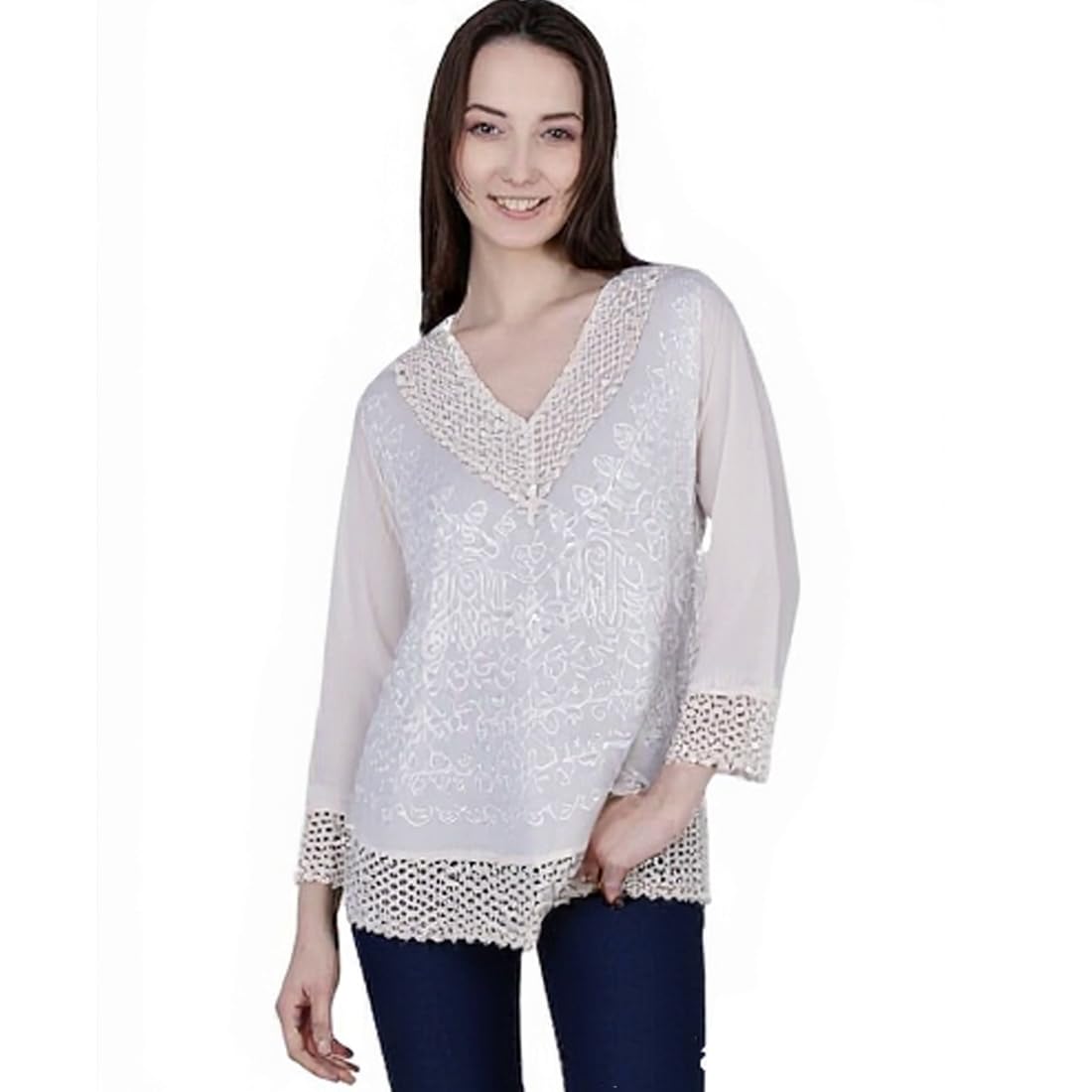 Ukal Hand Embroidered Off-White Top/Full Sleeves Cotton Tunic/Summer Short Ethnic Chikan Kurti/Boho Short Ethnic Dress for Women-image-8