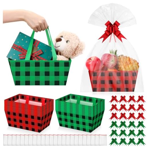 24 cestas de Natal para presentes, kit de cesta de presente vazia com 24 sacos de plástico e 24 laços de puxar, pacotes de presente faça você mesmo, 24 x 16 x 11 cm, cesta de papelão para aniversário