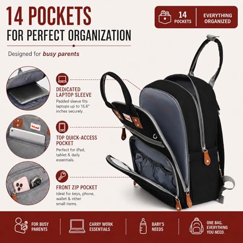 Image of Diaper Mommy Bags For Mothers for Travel - Hospital Baby Maternity Bag for Delivery Women - New Born Baby Essentials - Water-Resistant Fabric & Insulated Bottle Holders - 21 L, 14 Pockets