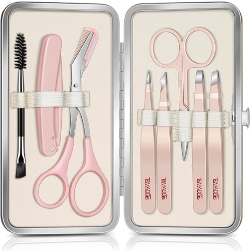 TsMADDTs Tweezers for Women Facial Hair, 8 in 1 Eyebrow Kit with Tweezers, Eyebrow Trimmer Scissors, Razor, Brush with Travel Bag, Hair Plucking Daily Beauty Tools 4pcs