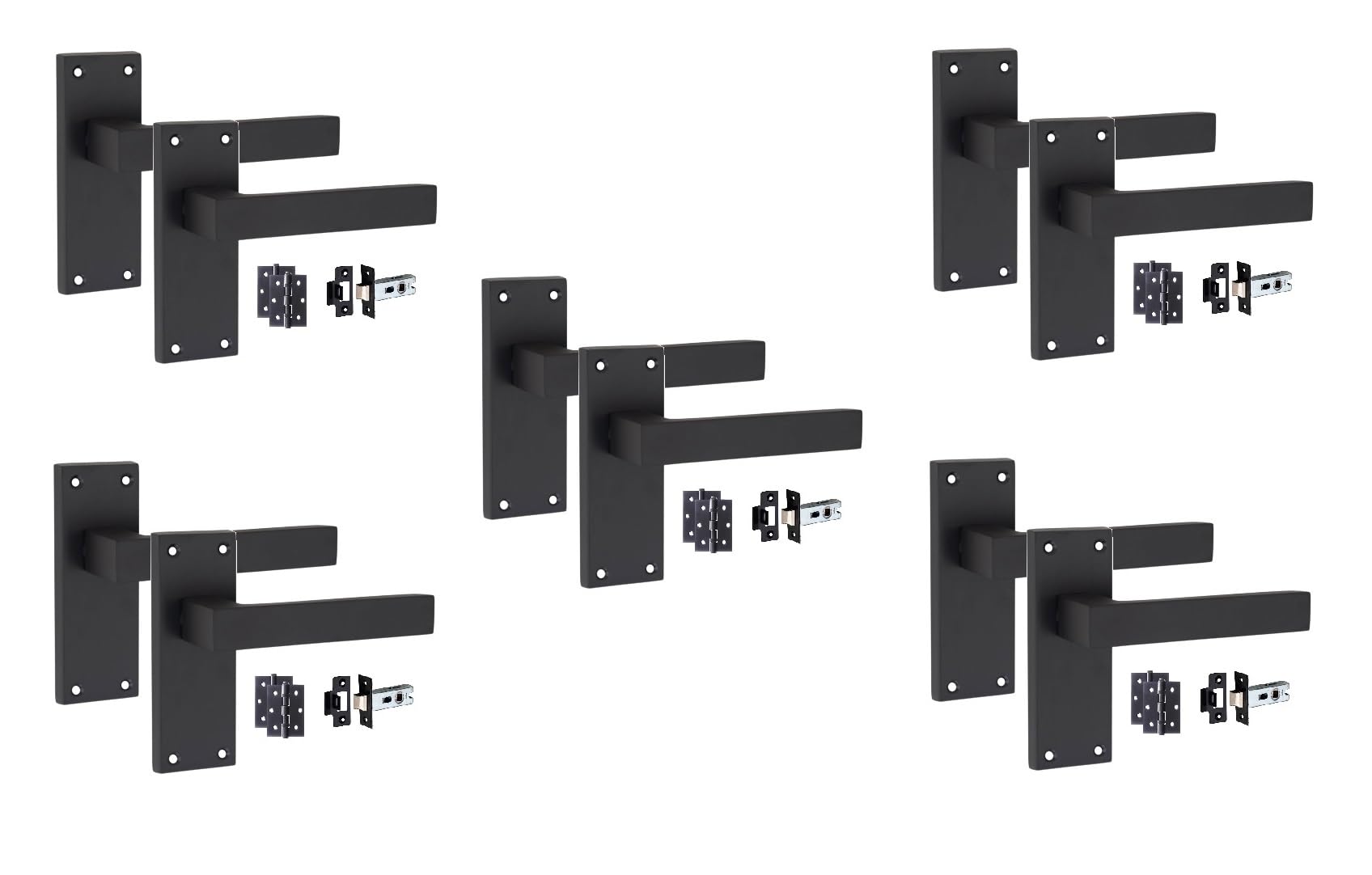 Golden Grace Victorian Straight Delta Door Handles Latch in Matt Black with 1 Pair of 3" Ball Bearing Hinges & Latches Pack, 5 Sets - 120mm x 40mm Backplate