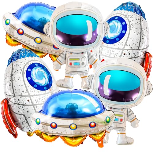 6PCS Space Astronaut Balloons UFO Spaceship Rocket Foil Balloons Large Astronaut Mylar Balloons for Outer Space Theme Birthday Party Decorations