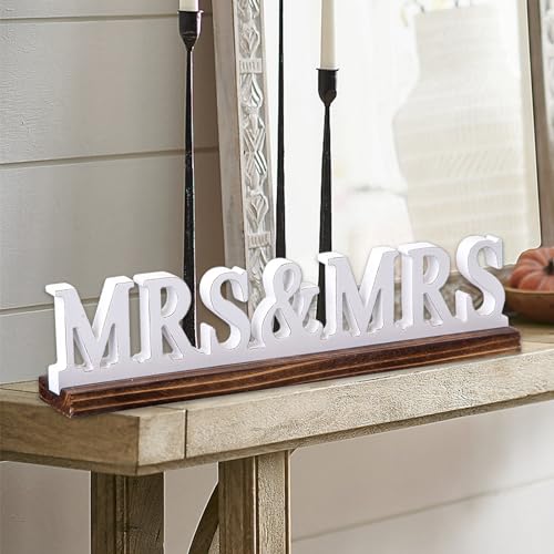 Sintosin Rustic Mrs and Mrs Wedding Decor Sign for Table 16 Inch, Handmade Distressed White Wooden LGBT Signs for Home Decor, Farmhouse Lesbian Wedding Reception Decorations Valentine