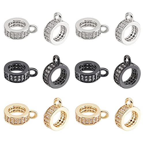SUPERFINDINGS 12Pcs 3 Colors Brass Hanger Links Clear Cubic Zirconia Dangle Hanger Beads Tube Bail Beads for Charm European Bracelet Pendant Making, Hole: 1mm
