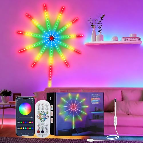 FlyQintess Smart LED Feuerwerks Lichter Bluetooth LED Lichter Strip Musiksync Feuerwerkslicht mit App & Fernbedienung für Weihnachten Party Schlafzimmer & Wohnzimmerdeko