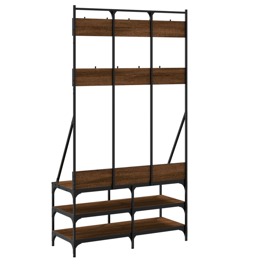 Kleiderständer mit Schuhablage in Braun Eichen-Optik aus Holzwerkstoff und Metall 100x40x184 cm platzsparend für Schlafzimmer Flur Ankleidezimmer mit Rollen und höhenverstellbar
