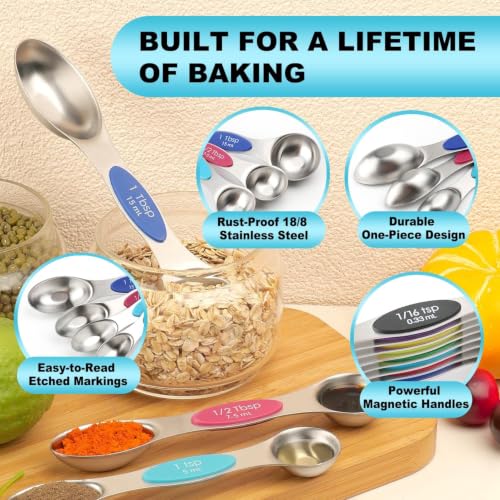 Image of Magnetic Measuring Spoons Set of 9 with Leveler, Color-Coded Dual Sided Stainless Steel Measuring Spoon Set, Stackable Teaspoon and Tablespoon Set for Baking, Cooking, Kitchen Gadgets.