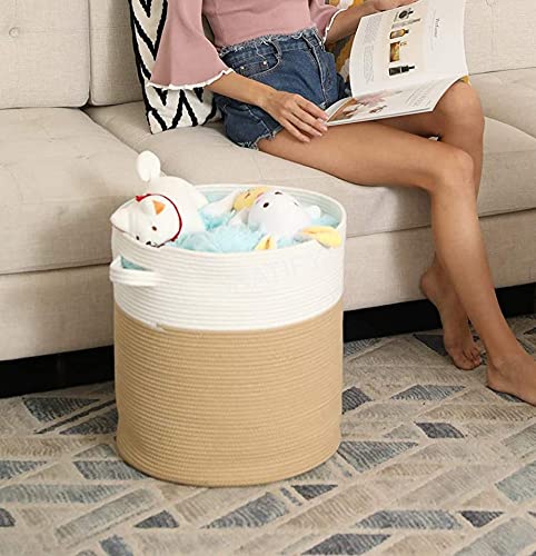 Image of Mansa Traders 12 inch x 12 inch x 14 inch Large Storage Basket with Lid, Cotton Rope Storage Baskets, Laundry Hamper, Blankets Pillows Storage in Living Room Baby Nursery, White&Beige Stiches with Cover