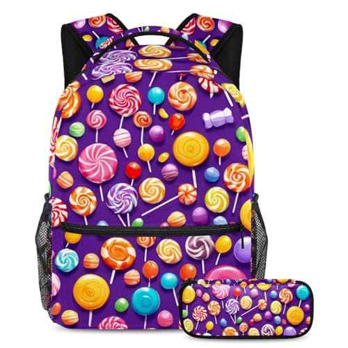 Sac à dos avec trousse fille garçon, cartable école bonbon violet