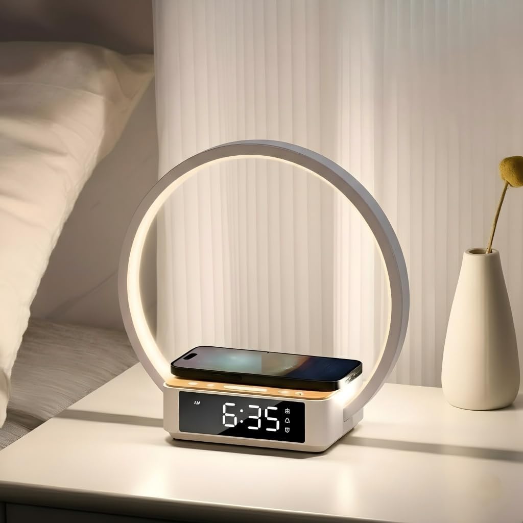 Wireless Charging Station with Alarm Clock,Bedside Lamp with Sunrise Wake-Up Light,Wireless Phone Charger,Touch Table Lamp with 3 Brightness Levels,Idea Gifts for Women,Men,Teens,Adults