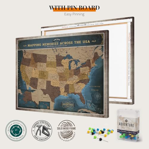 Image of DECORARTS USA Travel Map with Pins, Deep Blue USA Map Pin Board, 20x16'' | US Map for Travel Tracking, Push Pin Travel Map for Bedroom Home Study Office Decor, Ready to Hang