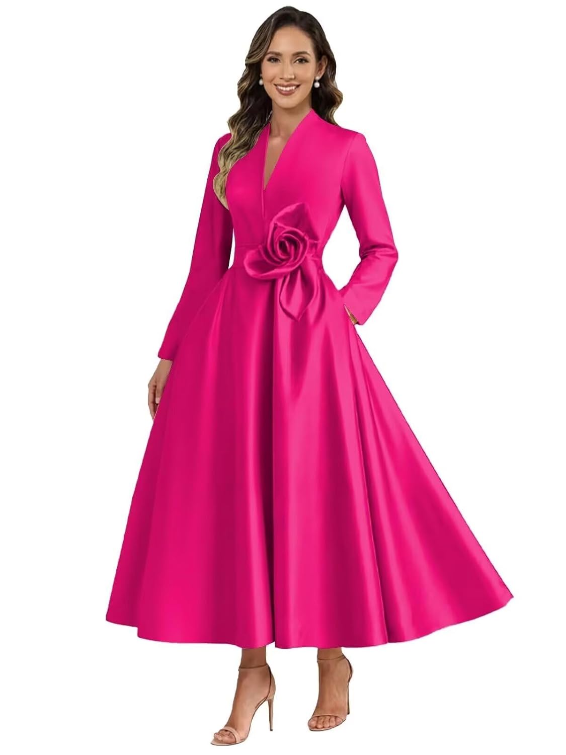 Long Sleeve Satin Mother of The Bride Dresses Tea Length for Wedding 3D Flower Formal Evening Gown with