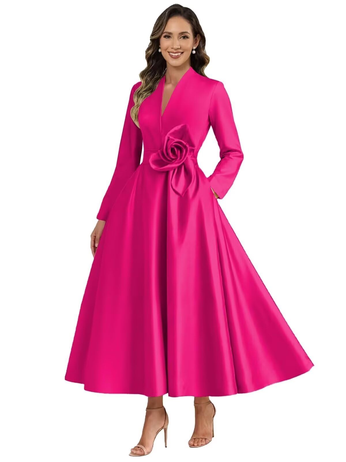 Long Sleeve Satin Mother of The Bride Dresses Tea Length for Wedding 3D Flower Formal Evening Gown with