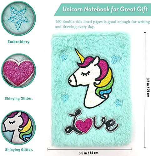 GINMLYDA Secret Diary for Girls, 160 Lined Pages Fluffy Secret Diary 20x14cm Unicorn Plush Kids Notebook Journal for School Supplies
