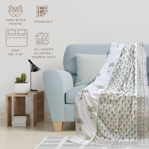 Image of TOAIArt Premium Jaipuri Dohar | AC Blanket Summer Quilt | Hand Block Printed | 3 Layers | Reversible | 150GSM 100% Mulmul Cotton | 100% Cotton Flannel Filling | King 108 inch X 90 inch |Small Palm