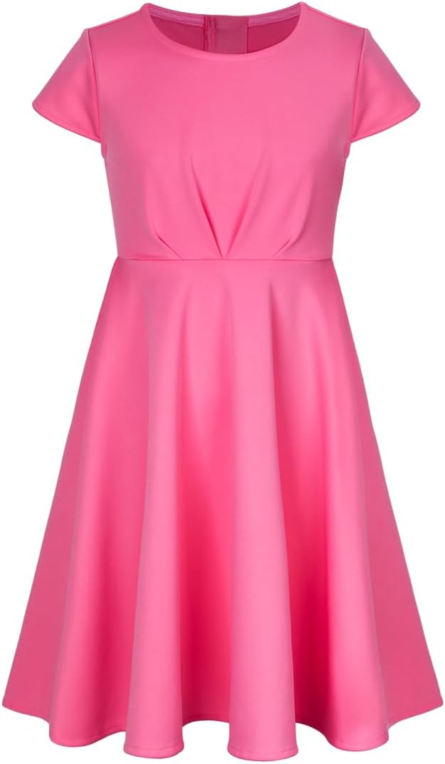 Girls Summer Dress Short Sleeve A-Line Twirl Skater Fit and Flare Dress with Pockets