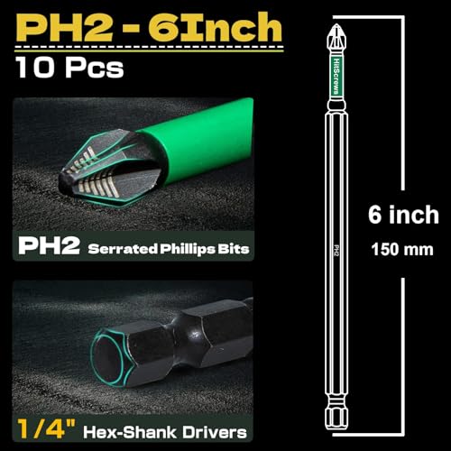 Image of Extra Long 6 Inch Anti Slip Phillips Bits #2, New Precision Laser-Etched Micro-Slip Grip, S2 Steel PH2 Impact Driver Magnetic Screwdriver Bits For Heavy-Duty Repairs and Assembly | 10 Pack