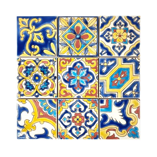 DYARI Set of 9 Decorative Ceramic Tiles – Hand Painted Indoor & Outdoor – Artisan Top Kitchen – Mediterranean Decorative 4x4 / One Tile Durable Colorful (Yellow & Red, 9 Tiles (1 Sq Ft))