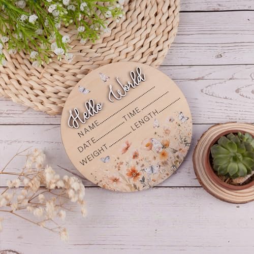 Image of Hello World Wooden Baby Birth Announcement Sign - Floral Butterfly Name Plaque with 3D Lettering - Baby Stats Board for Newborn Photo Prop or Nursery Decor