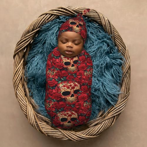 Image of Red Floral and Skulls Newborn Swaddle Blankets Hat Sets Soft Baby Receiving Blanket Swaddle Sack for Baby Shower Infant Boy Girl Gift