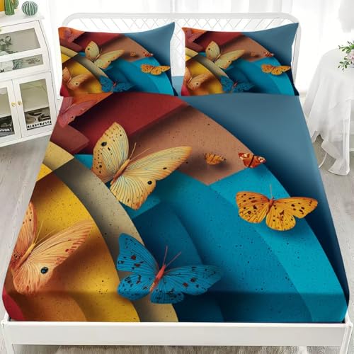 Individual Fácil de Limpiar 3D Sábana Bajera Bloque De Color De Mariposa En Forma De Abanico Transpirable Sabanas Elástico en el Borde Bolsillo Profundo 30cm Vistoso para Grueso Colchón 90x190 cm