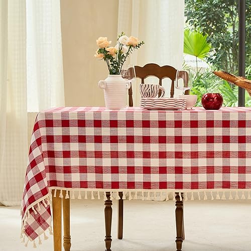 Midsummer Breeze Table Cloth Rectangle Table-Rustic Gingham Tablecloth Buffalo Plaid Table Cloth for Thanksgiving Christmas Kitchen Dining Room (55x70 Inch,Red and White) by Midsummer Breeze - Used condition - US$23.74