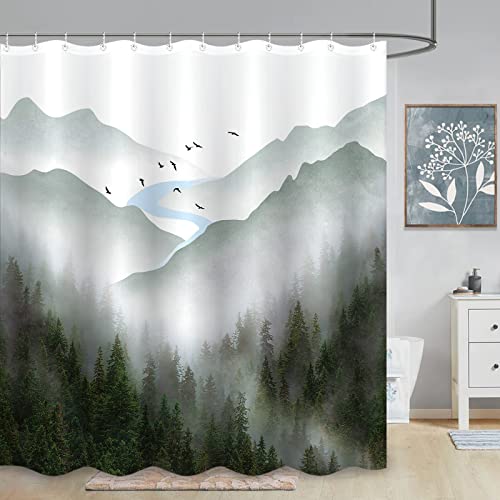 Zussun Green Misty Forest Shower Curtain Nature Foggy Tree Mountain Shower Curtains For Bathroom Waterproof Fabric Woodland Decorative Modern Aesthetic Bath Curtain With Hooks (Green2, 72" X 72") #TOP4
