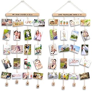 Uping Set of 2 Hanging Photo Display with 40 Clips Photo Display Board for Hanging Prints, DIY Wood Picture Frames Collage for Home Decoration (2 Sheets Alphabet & Number Stickers)