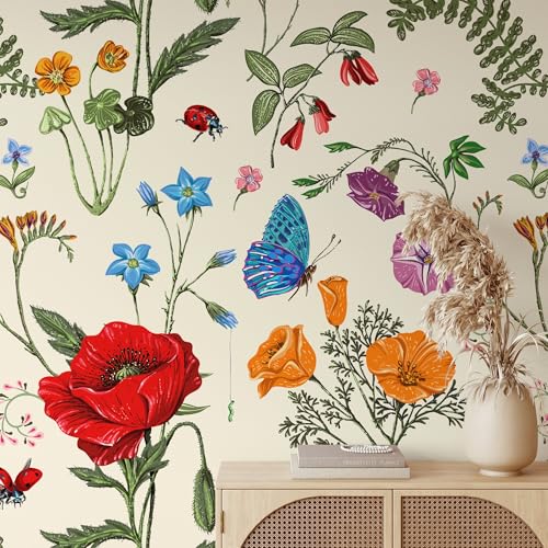 Floral Illustration with Bugs Wallpaper, Vintage Garden Peel & Stick Wall Mural, Self Adhesive Temporary Wallpaper, Elegant Botanical Wall Décor