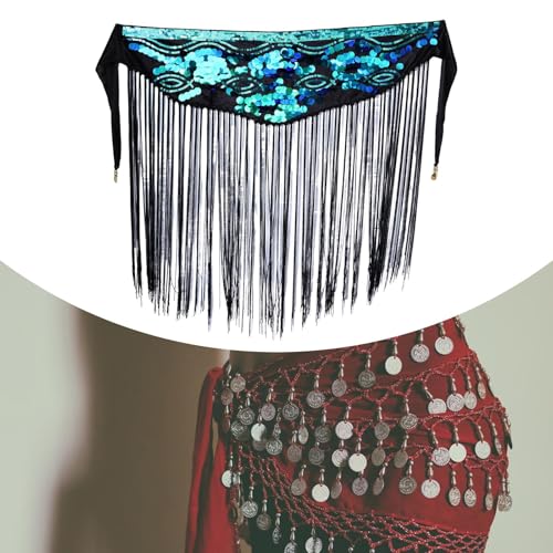 Jupe de danse orientale verte à sequins et franges pour performance sur scène