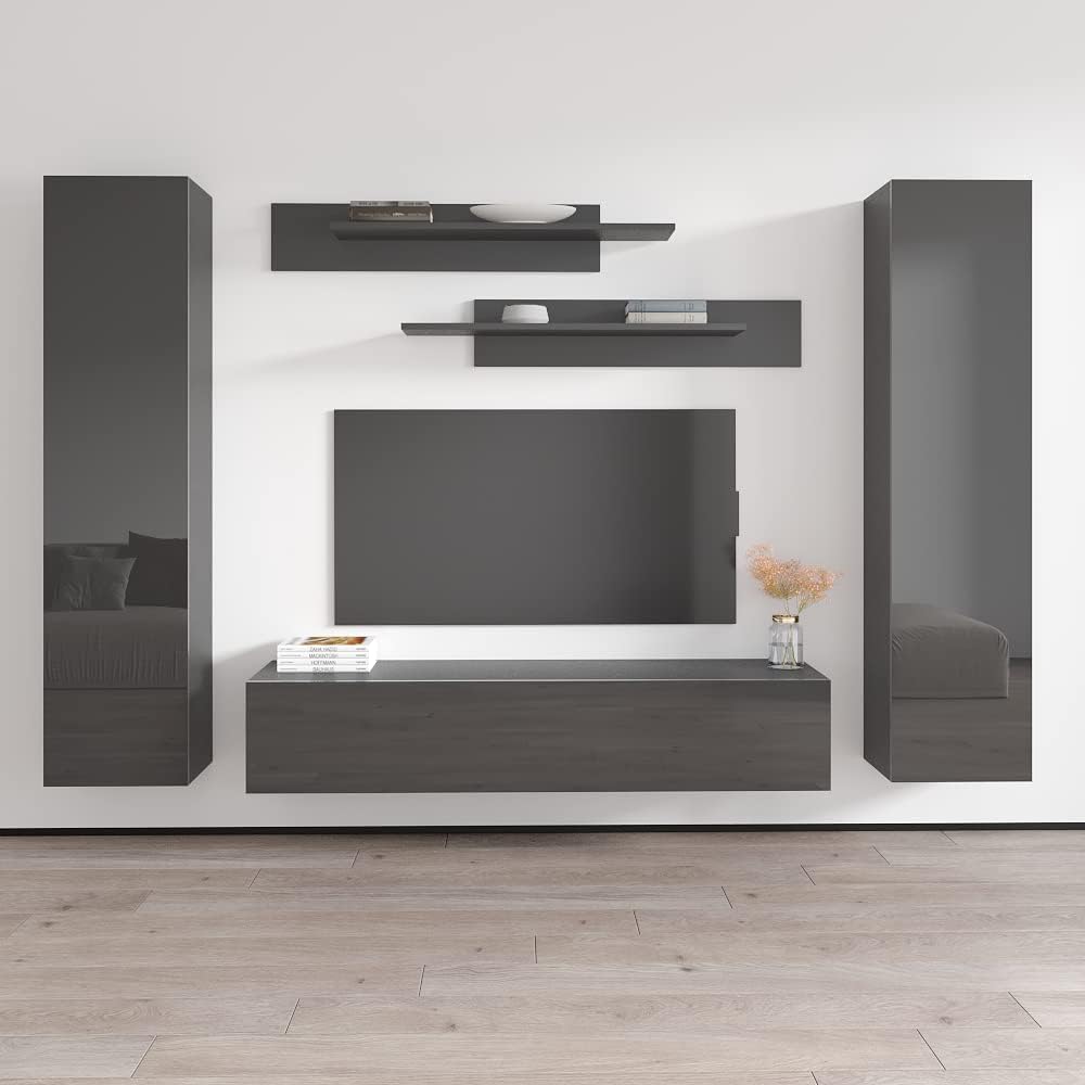 Meble Furniture Fly A4 30TV Stand Wall-Mounted Entertainment Center — Floating Design with Storage Shelves and 16-Color LED Lighting — High Gloss Matte Finish, 59.1 x 15.7 x 19.7 inches — Grey