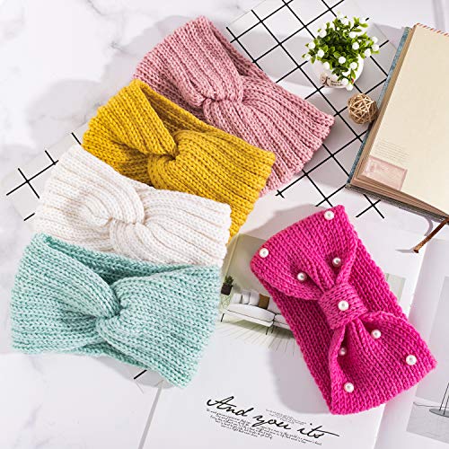 Whaline 5 Pieces Knit Headbands Winter Ear Warmers, 4 Elastic Turban Head Wraps And 1 Pearl Crochet Hair Band, Hair Scrunchies Scarves For Women Girls (Candy Colors) #TOP3