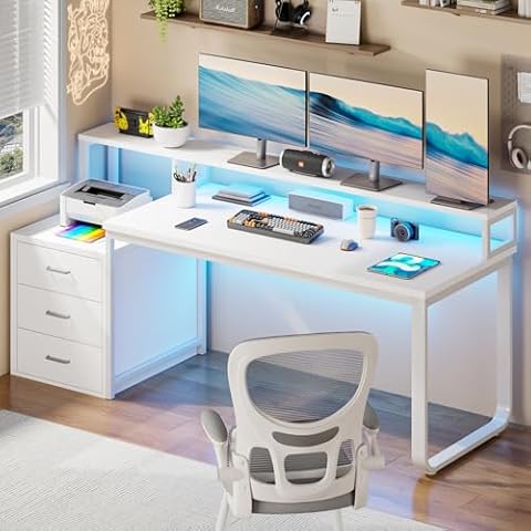 HOMBCK 67” White Desk with 3 Drawers and Storage, Reversible White Office Desk Computer Desk with Monitor Stand, Home Office Desk with LED Strips and Printer Standfor Bedroom Cover