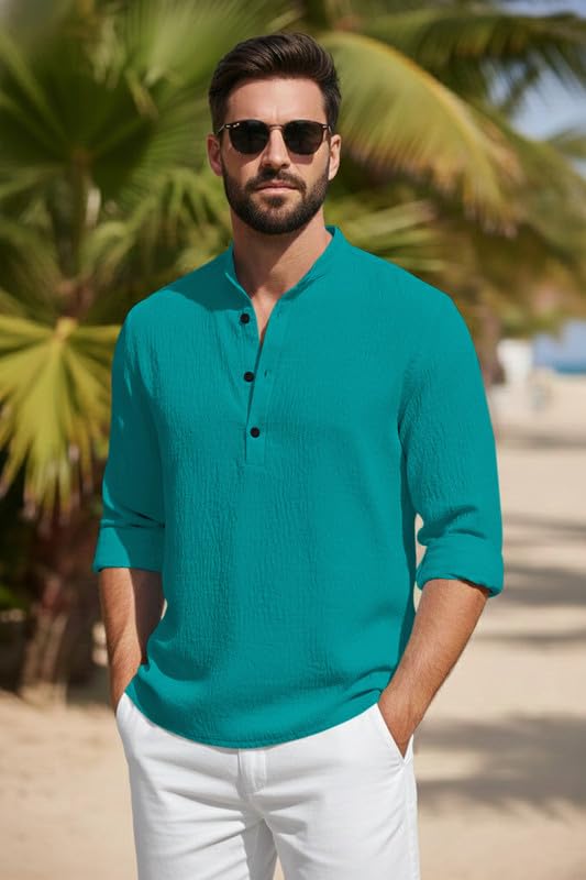 Image of Men's Cotton Blend Short Kurta with Collared Neck Full Sleeves Solid Pattern Western Style Regular Fit and Standard Length