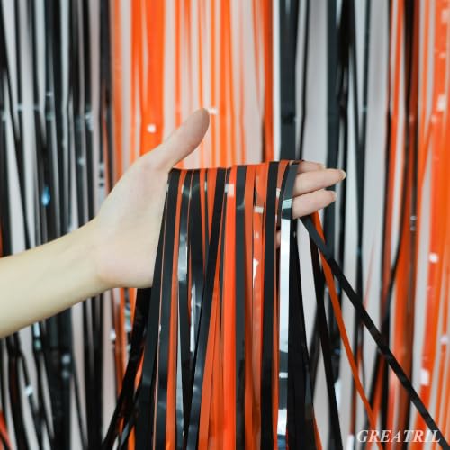 Image of Black Orange Streamers Party Backdrop - GREATRIL Tinsel Fringe Curtain for Halloween Decorations /Pumpkin /Birthdays Party Decoration - 3.2ft X 8.2ft - 2 Packs
