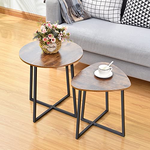 Toolf Set Of 2 Nesting Table, Round And Triangle End Table, Industrial Wood Finish And Powder Coated Metal Frame Coffee Side Table For Home, Living Room, Bedroom, Office #TOP1