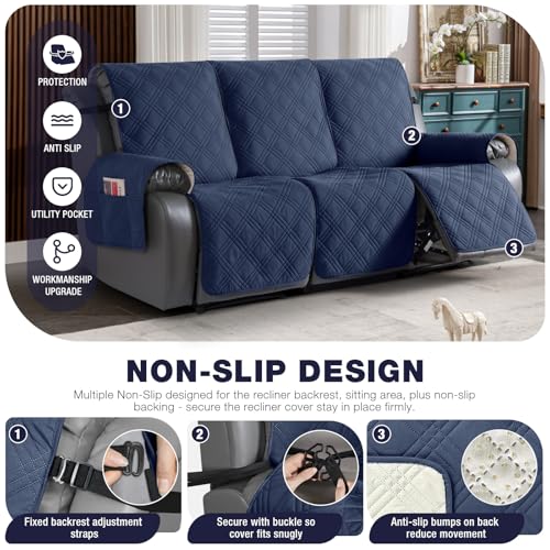Image of TAOCOCO 100% Waterproof Recliner Sofa Covers 3 Seater, Split Couch Covers for Reclining Couches for Kids Pets, Non Slip Reclining Couch Covers Furniture Protector with Straps(3 Seater, Navy Blue)