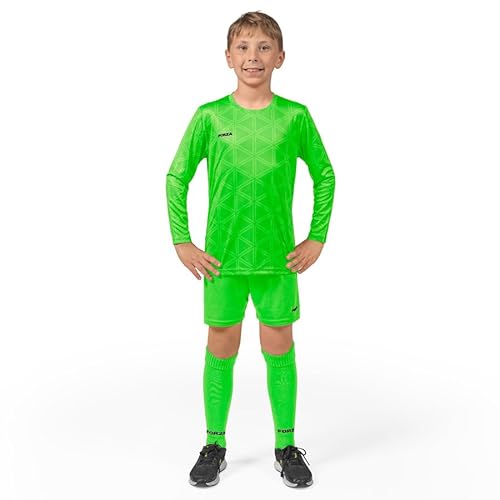 FORZA - FORZA Kids' Goalkeeper Long Sleeve Kit – Breathable & Sweat-Wicking Football Goalie Set – Includes Shirt, Shorts & Knee-High Socks (Fluro Green, Age 5-6)