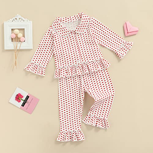 KMBANGI Toddler Baby Girl Two Piece Pajamas Set Long Sleeve Ruffle Button Down Pajamas Top Pants Sleepwear Clothes Pink - Thumbnail 2