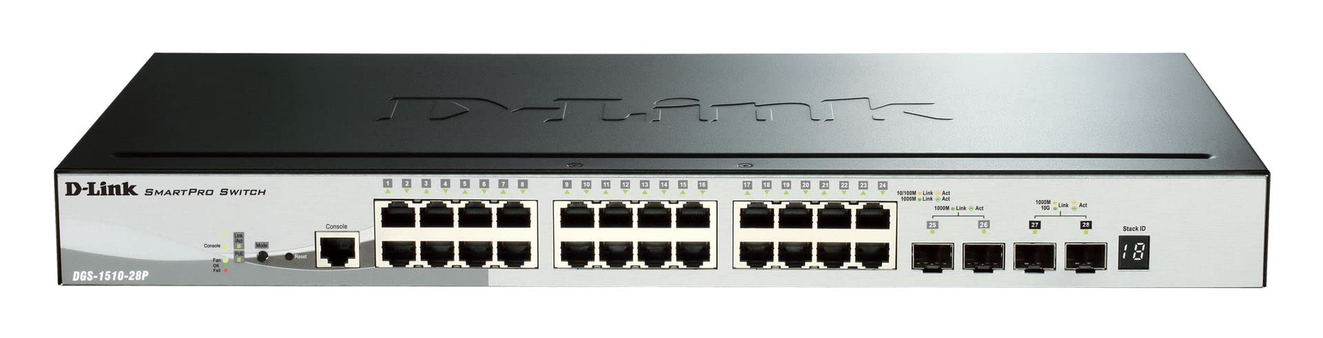 D-Link DGS-1510-28P/E, 28-Port Layer 2/3 Smart Managed Gigabit Stack Switch (24x 10/100/1000 Mbit/s PoE Ports, 2x SFP, 2x 10G SFP+, 193 W PoE-Kapazität) - Nur EU-Netzkabel