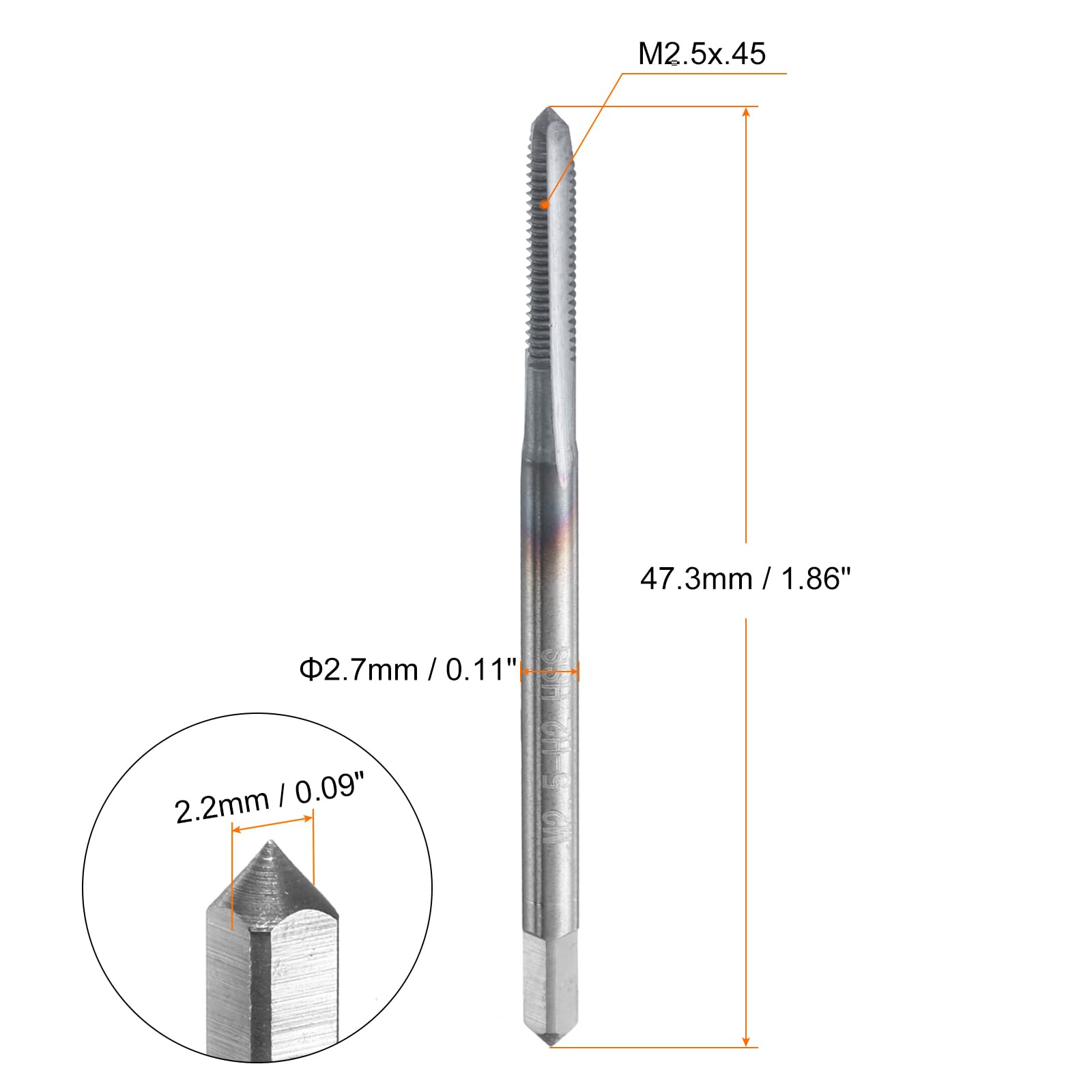 HARFINGTON M2.5X.45 Metric Thread Tap 6542 Cobalt High-Speed Steel TiCN Coated Plug Tap Right Hand Straight Flutes Screw Threading Hand Tap