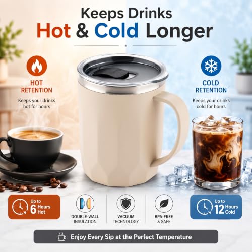 Image of MAGIC SPOON Stainless Steel Travel Coffee Mug with Sipper Lid & Handle, Insulated Tea Cup, BPA-Free Double Wall Tumbler for Hot-Cold Beverages, Office, Home, Car- PISTA-BEIGE, (Combo Pack (400ml X 2))