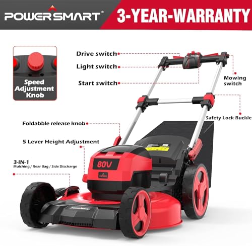 Image of PowerSmart Lawn Mower,80V /6Ah 21''Cordless Electric Push Lawn Mower,3-in-1 Self Propelled Brushless Battery Lawn Mower with Battery&Charger for Garden,Home Use(PS76821SRB)