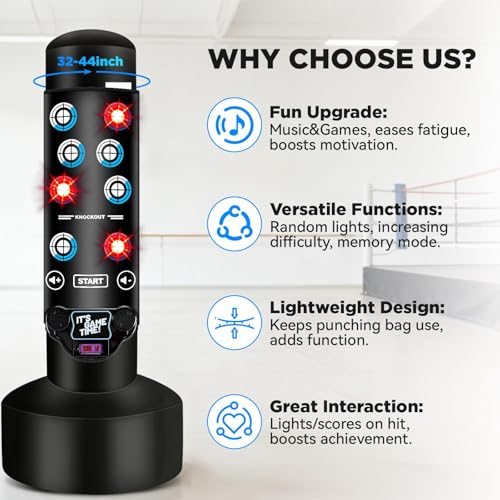 NZQXJXZ Saco de Boxeo Mejorado para Practicar de pie con Alfombra Musical interactiva, Saco de Boxeo para Adultos con Pantalla para puntuación, Kickboxing para Principiantes, Entrenamiento de MMA - imagen 5