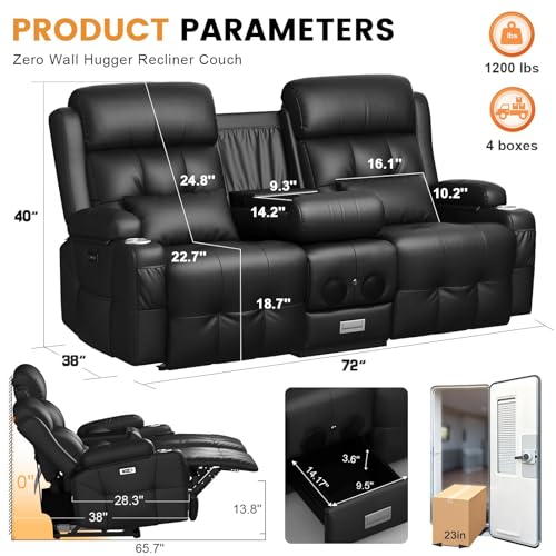 Image of Home Theater Seating, Power Loveseat Recliner Sofa with Massage & Heat, Wall Hugger Reclining Loveseat with USB, RV Couch with LED Lights, Flip Backrest, Cup Holders for Movie Theater & Gaming Room
